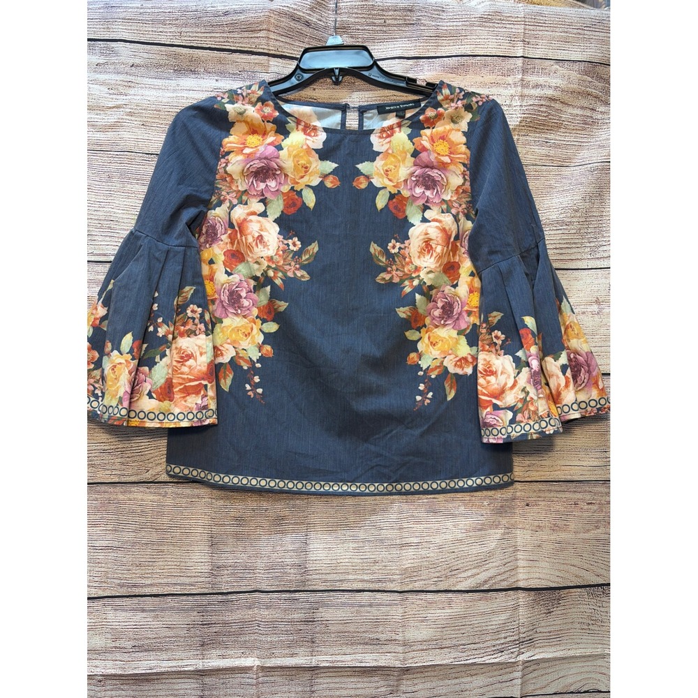 Jealous Tomato Floral Bell Sleeve Blouse Blue Denim Look Rose Print Top Small